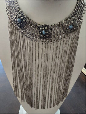 Vintage Statement Silver Chain Fringe Choker Necklace Blue Stone Festival Boho